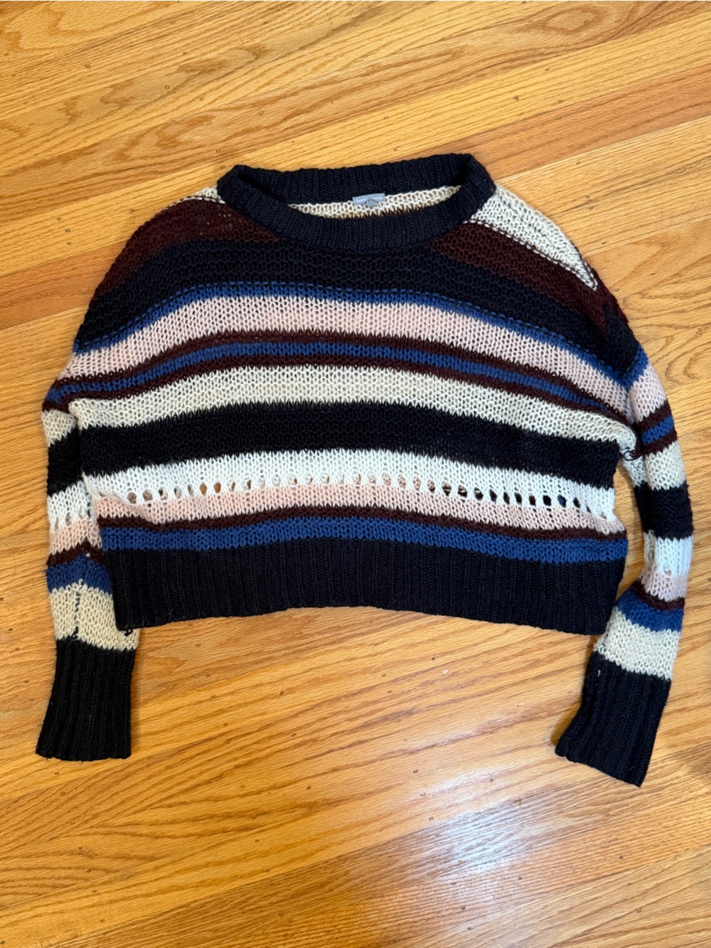 Charlotte Russe Black, Cream, Blue, Brown Striped Off-the-Shoulder Sweater